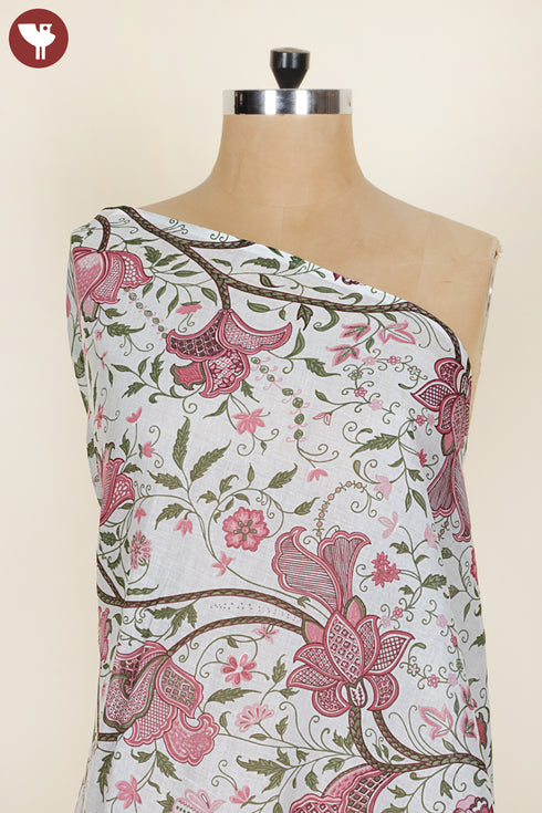 Mul Mul Cotton Silver base with Pink & Green Floral Print