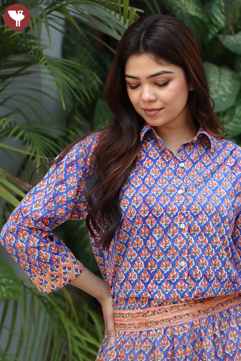 Cambric Cotton Shirt Top In Floral Block Print