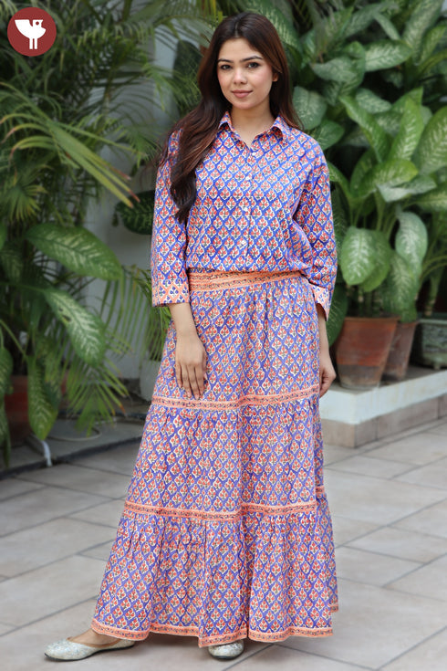 Cambric Cotton Long Skirt In Block Print