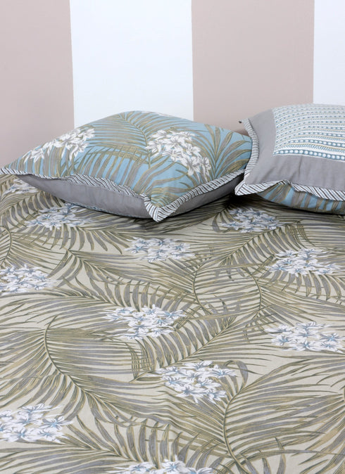 20s Cotton Bed Cover In Beige And Cloud Grey Foliage Print