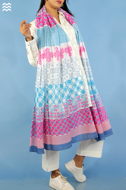 Cotton Mul Mul Wrap in Hot Pink and Aqua Block Prints