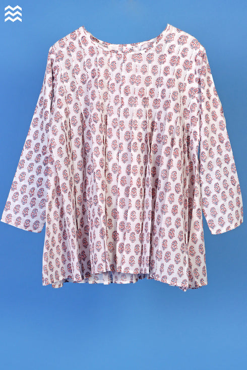Mulmul Cotton Pintuck Top With Floral Block Print