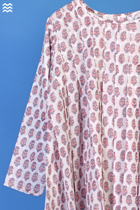 Mulmul Cotton Pintuck Top With Floral Block Print