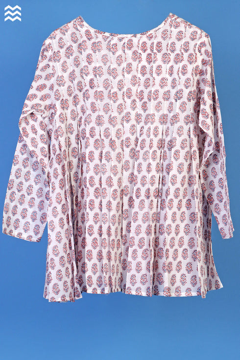 Mulmul Cotton Pintuck Top With Floral Block Print