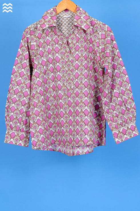 Slub Cotton Zoom Top In Retro Block Print