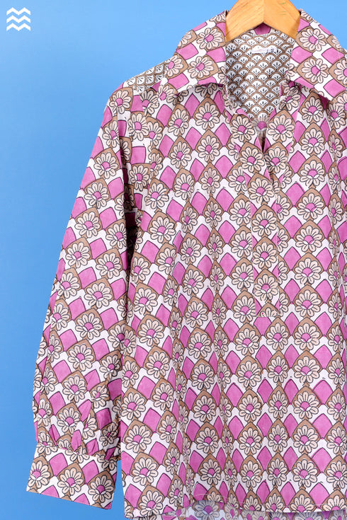 Slub Cotton Zoom Top In Retro Block Print