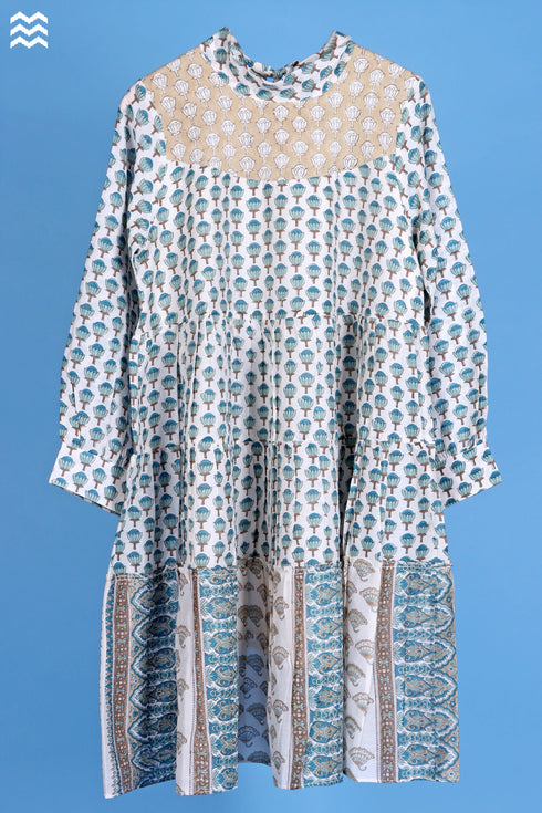 Cotton Silk Runway Dress In Assorted Block Print