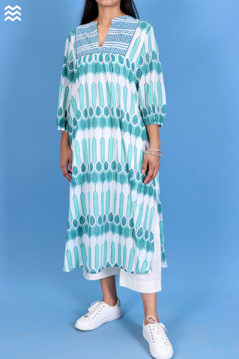Mulmul Cotton Joplin Dress in Geometric Block Print