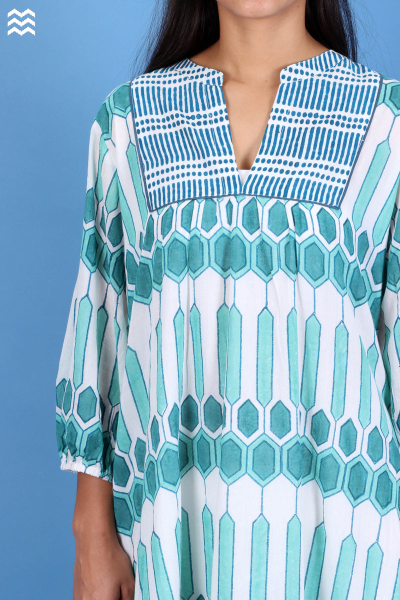 Mulmul Cotton Joplin Dress in Geometric Block Print