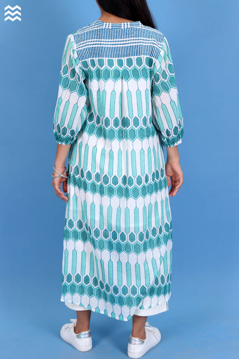 Mulmul Cotton Joplin Dress in Geometric Block Print
