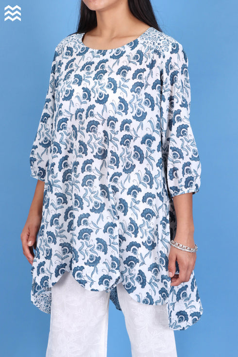 Crepe Cotton Tulip Rose Top In FloralBlock Print