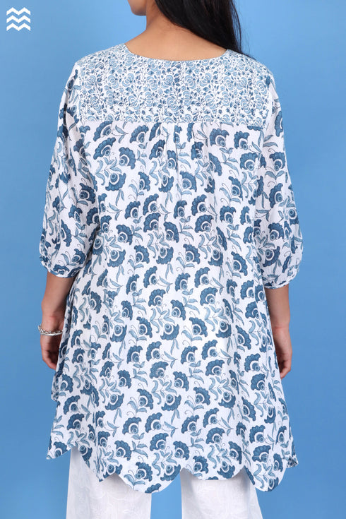 Crepe Cotton Tulip Rose Top In FloralBlock Print