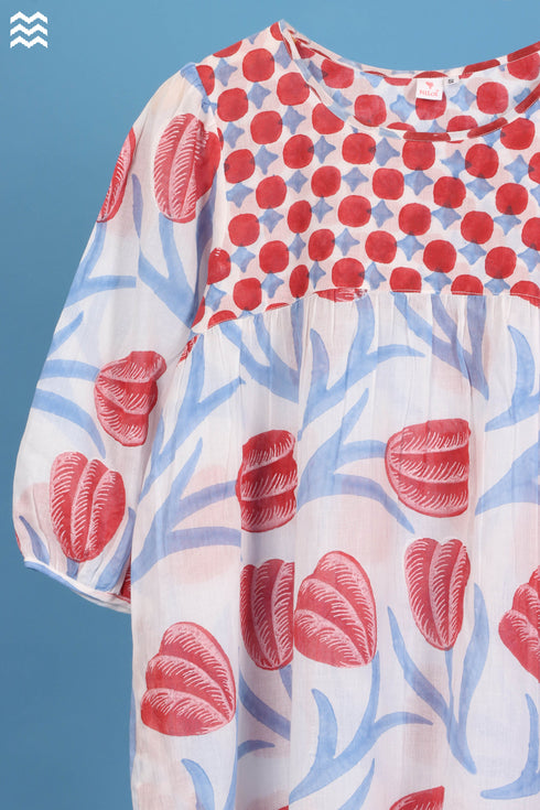 Mulmul Cotton Prairie In Blue Floral Block Print
