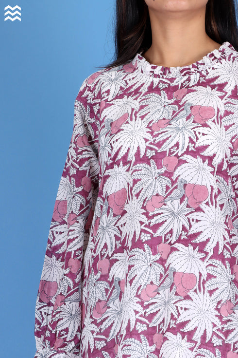 Cotton Silk Lizard Top In Floral Block Print