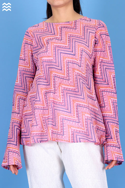 Silk Cotton Bias Inner Top in Zigzag Block Print