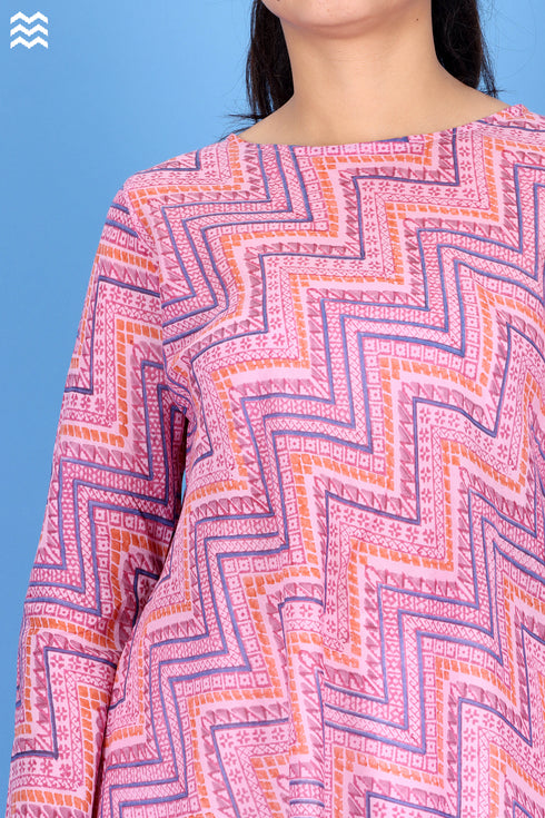 Silk Cotton Bias Inner Top in Zigzag Block Print