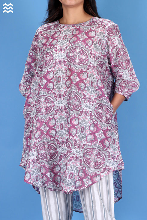 Cotton Silk Rose Top With Graphic Block Print