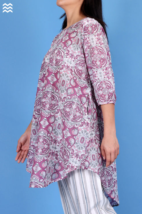 Cotton Silk Rose Top With Graphic Block Print