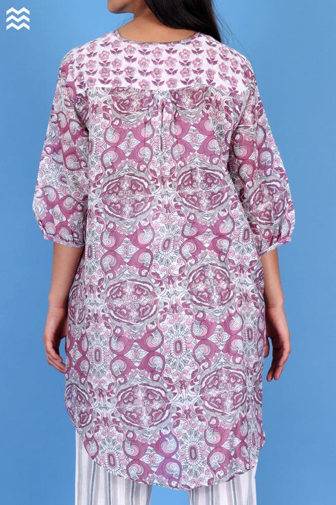 Cotton Silk Rose Top With Graphic Block Print