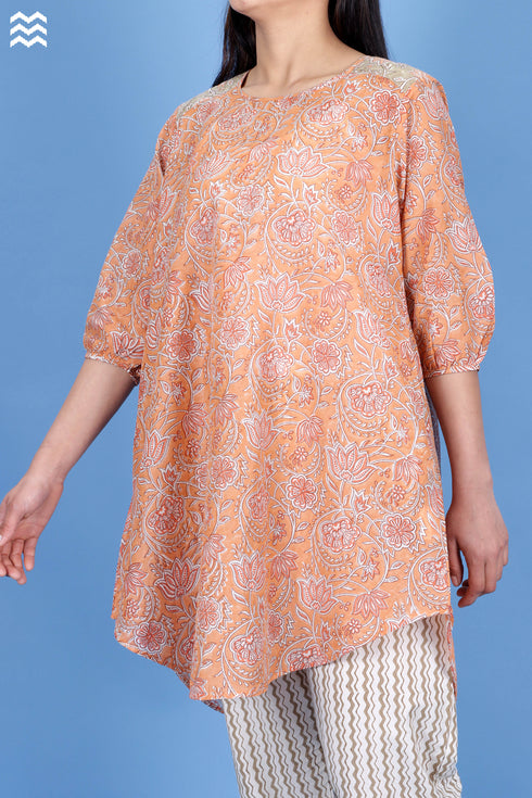 Cotton Silk Rose Top With Floral Block Print