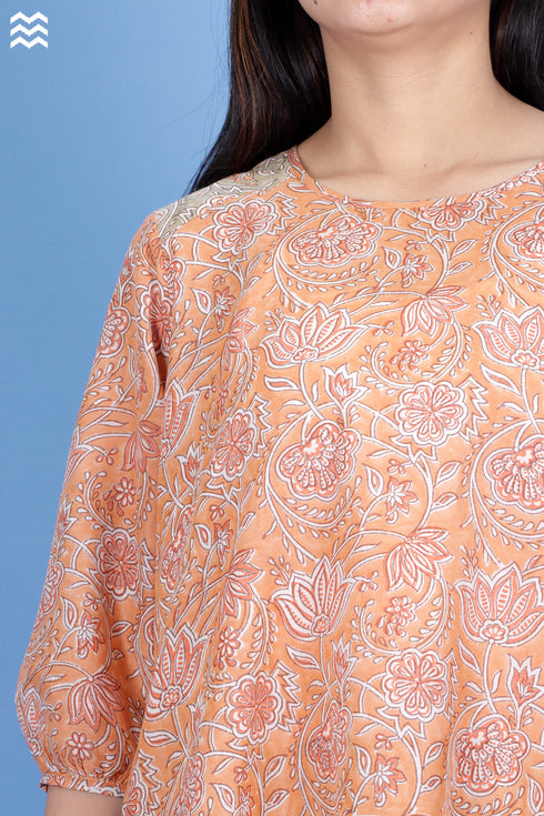 Cotton Silk Rose Top With Floral Block Print