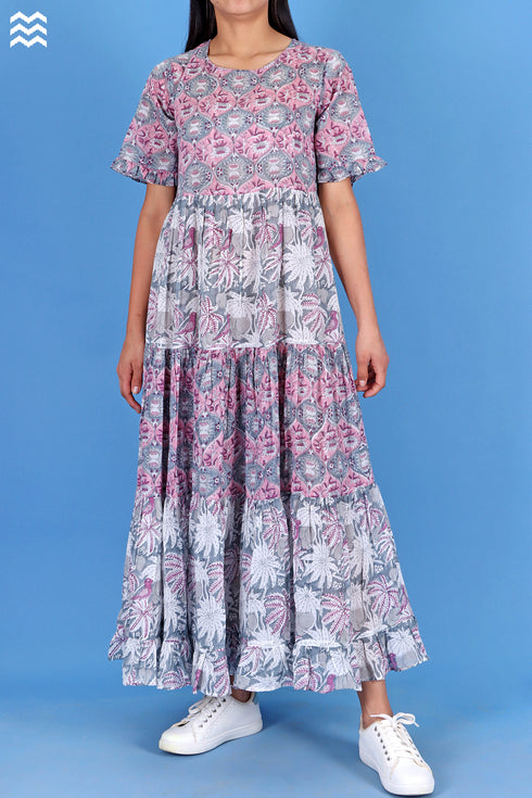 Mulmul Cotton FrouFrou Dress In Assorted Block Print