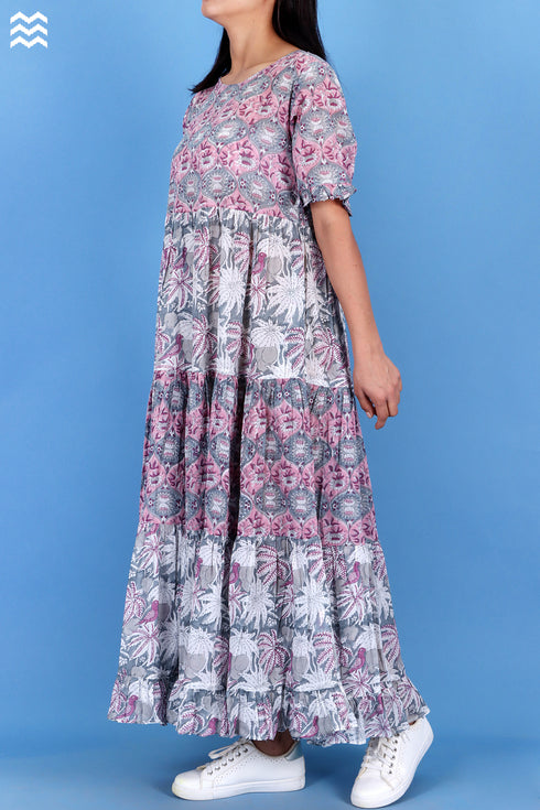 Mulmul Cotton FrouFrou Dress In Assorted Block Print