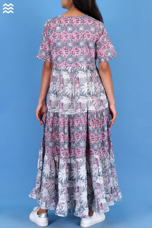 Mulmul Cotton FrouFrou Dress In Assorted Block Print