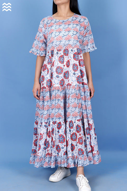 Mulmul Cotton Frou Frou Dress In Assorted Block Print