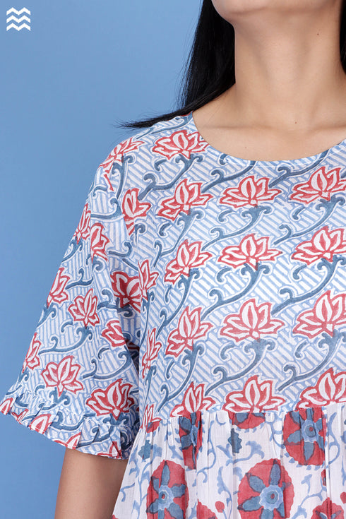 Mulmul Cotton Frou Frou Dress In Assorted Block Print
