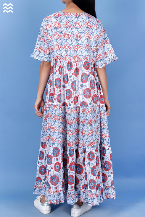 Mulmul Cotton Frou Frou Dress In Assorted Block Print