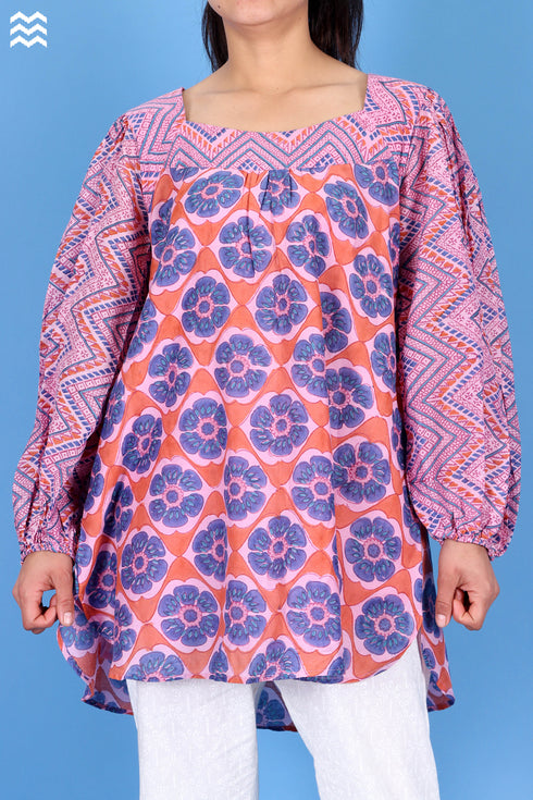 Cotton Silk Dunning Top In Graphic Block Print