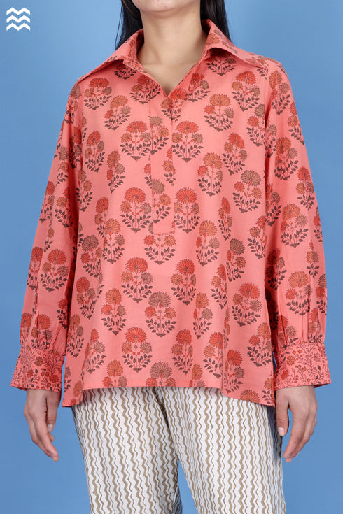Slub Cotton Zoom Shirt In Floral Block Print