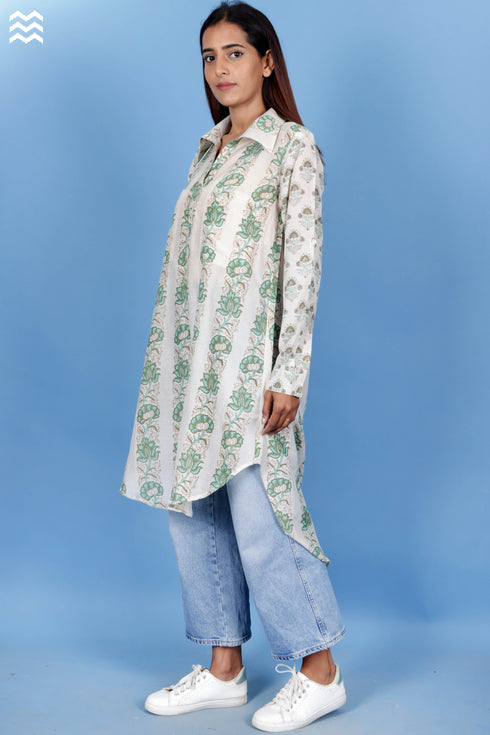 Cotton Silk Long Boyfriend Shirt In Block Print
