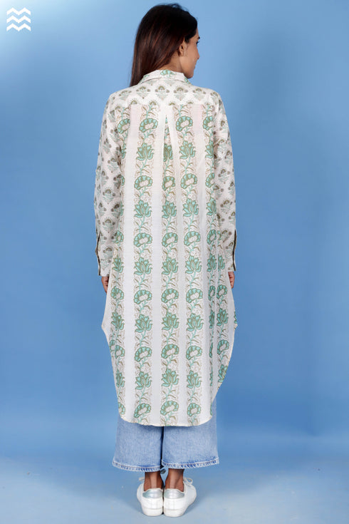 Cotton Silk Long Boyfriend Shirt In Block Print