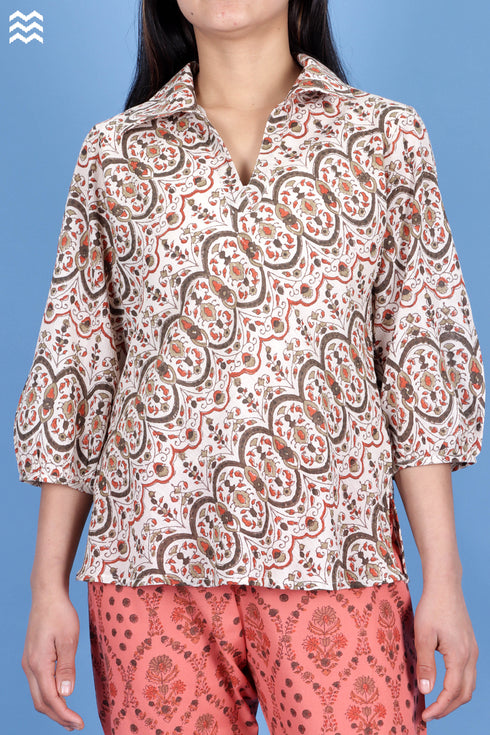 Crepe Cotton Dolly Shirt In Graphic Block Print