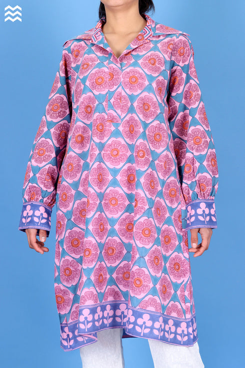 Slub Cotton Long Zoom Shirt In Graphic Block Print