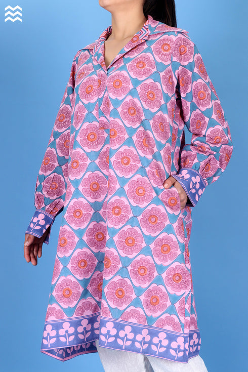 Slub Cotton Long Zoom Shirt In Graphic Block Print