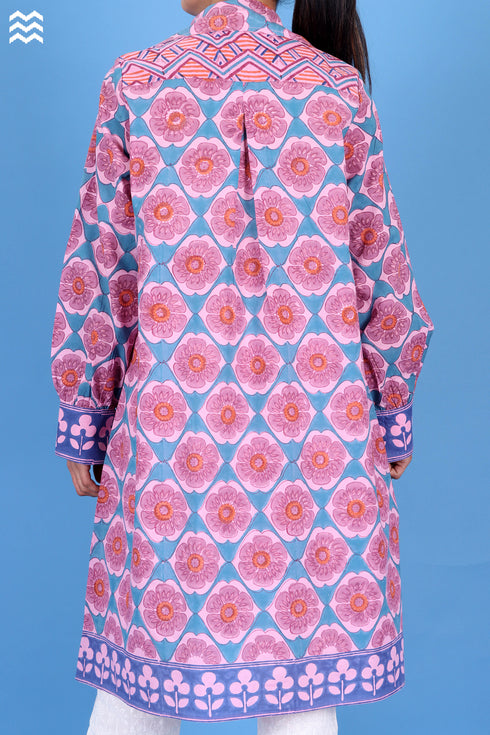 Slub Cotton Long Zoom Shirt In Graphic Block Print
