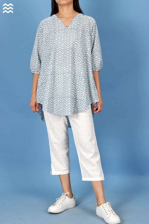 Slub Cotton Rose Top With Geometric Block Print