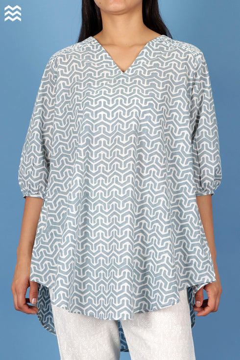 Slub Cotton Rose Top With Geometric Block Print