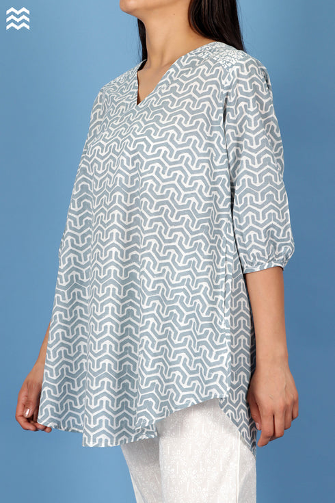 Slub Cotton Rose Top With Geometric Block Print