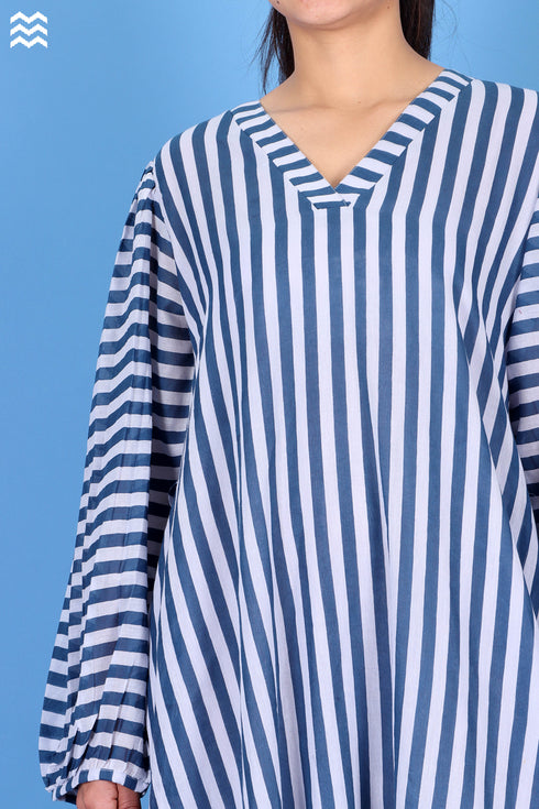 Mulmul Cotton Frilly Jelly Dress in Striped Block Print