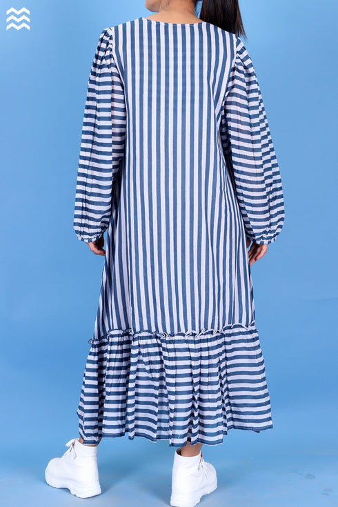 Mulmul Cotton Frilly Jelly Dress in Striped Block Print