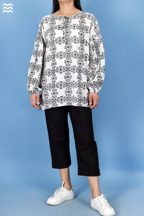 Mulmul Cotton Stanley Top In Graphic Block Print