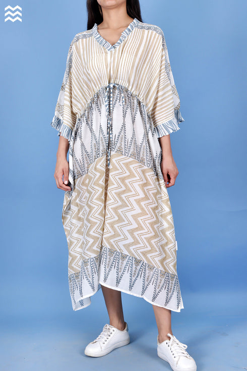 Cotton Silk Cher Caftan In Geometric Block Print