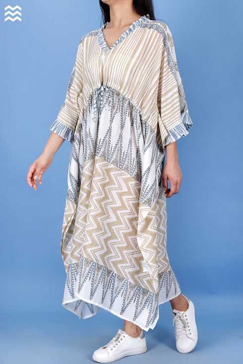 Cotton Silk Cher Caftan In Geometric Block Print