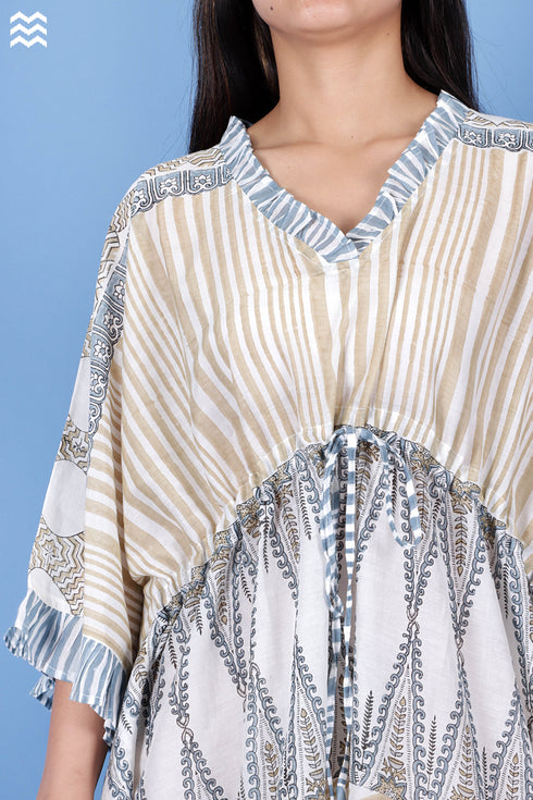 Cotton Silk Cher Caftan In Geometric Block Print