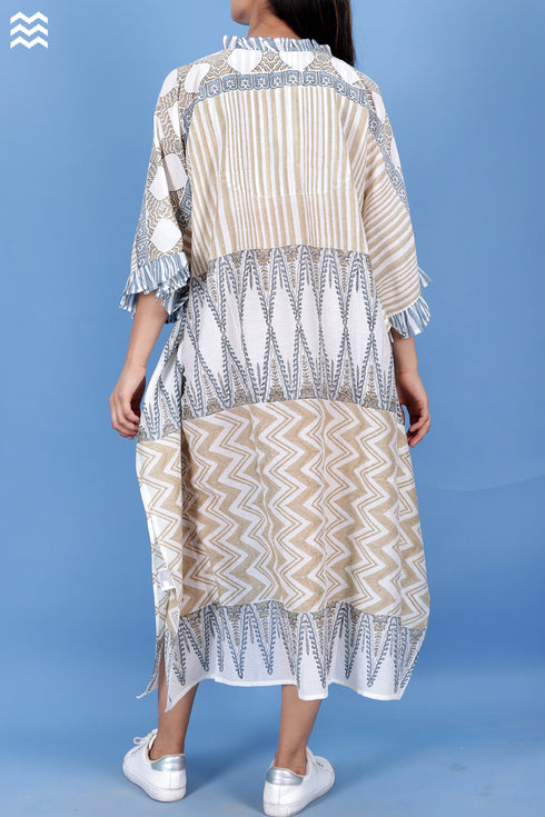 Cotton Silk Cher Caftan In Geometric Block Print