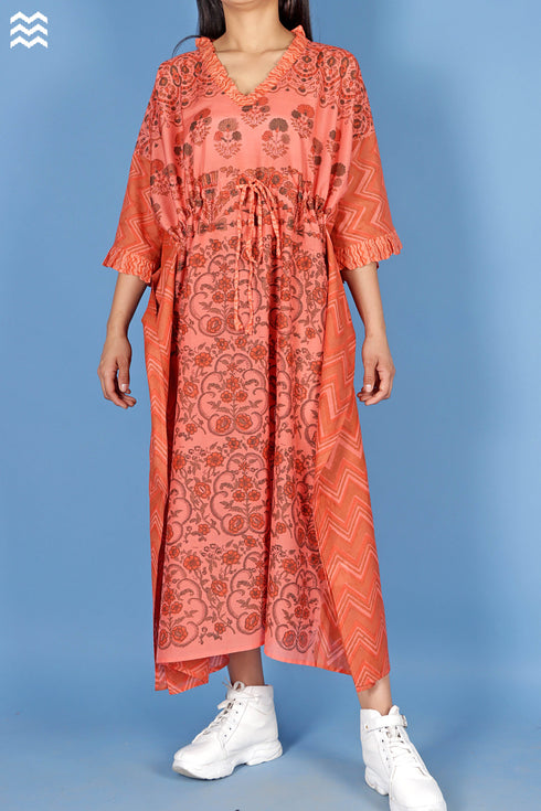 Cotton Silk Cher Caftan In Floral Block Print
